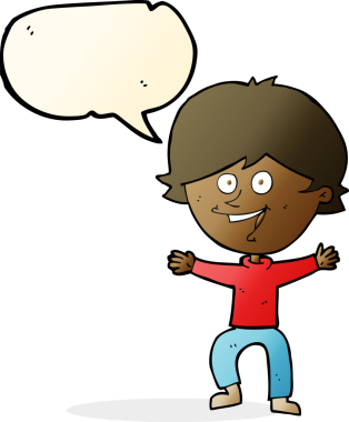 Bir insan tarafından çizilmiş konuşma balonuyla gülen mutlu çocuk çizgi filmi.