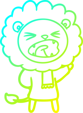 Bir insan tarafından çizilmiş kışlık giysiler içindeki çizgi film aslanı çizimi.