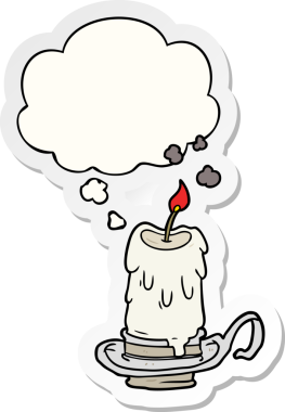 İnsan tarafından çizilmiş bir çıkartma olarak düşünce baloncuğu olan karikatürlü korkunç mum.