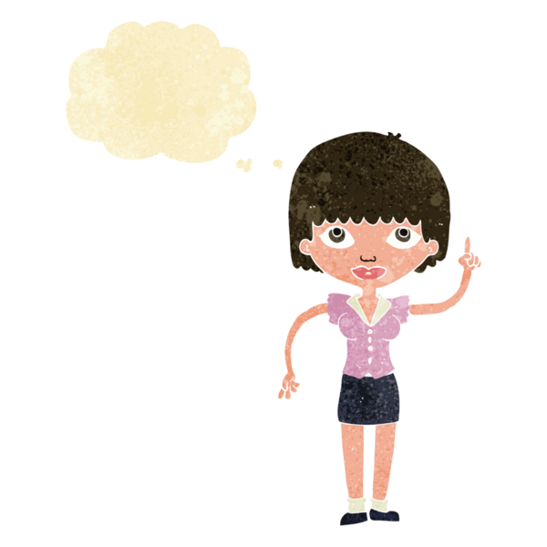 Bir insan tarafından çizilmiş düşünce baloncuğu fikri olan karikatür kadın.