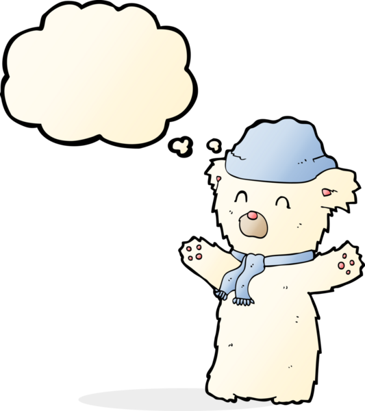 şapkalı ve atkılı şirin kutup ayısı. Düşünce baloncuğu insan tarafından çizilmiş.