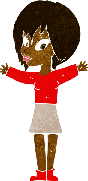 Bir insan tarafından çizilmiş açık kollu çizgi film kadını.