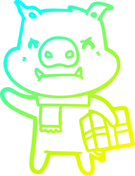 Bir insan tarafından çizilmiş yılbaşı hediyeli kızgın bir domuzun soğuk çizgi çizimi.