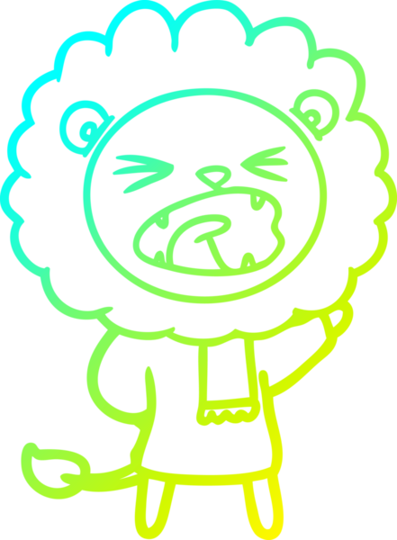 Bir insan tarafından çizilmiş kışlık giysiler içindeki çizgi film aslanı çizimi.