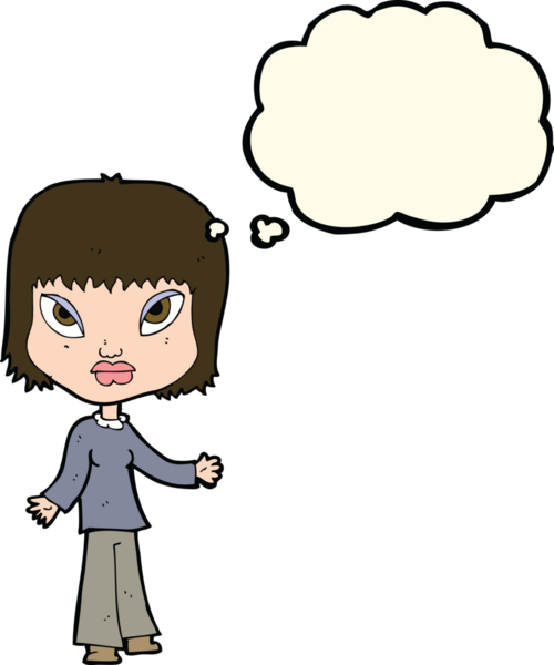 Bir insan tarafından çizilmiş düşünce balonlu açık kollu çizgi film kadını.