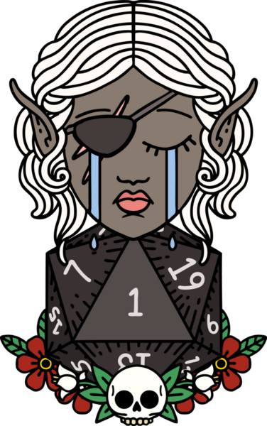 Retro Dövme Tarzı Ağlayan Elf düzenbaz karakter yüzü ve bir insan tarafından çizilmiş doğal bir D20 rulo