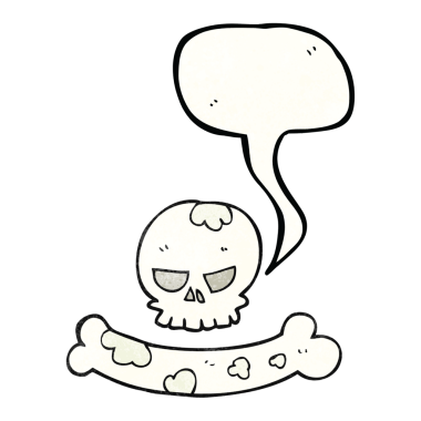 Bir insan tarafından çizilmiş serbest konuşma balonu desenli karikatür kafatası ve kemik sembolü