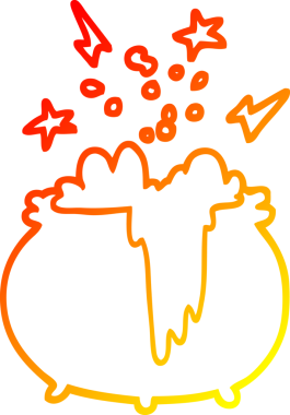 Bir çizgi film cadısının sıcak çizgi çizimi bir insan tarafından çizilmiş bir kazan.