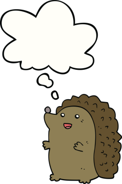 Bir insan tarafından çizilmiş düşünce baloncuklu mutlu kirpi.