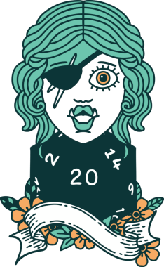 Retro Dövme Biçimli Ork karakteri bir insan tarafından çizilmiş 20 zar ile