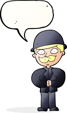 Bir insan tarafından çizilmiş konuşma balonlu melon şapkalı çizgi film adamı.