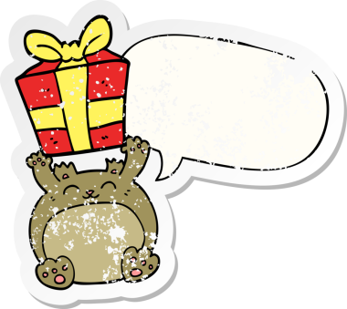 Güzel bir çizgi film Noel ayısı. Konuşma baloncuğu, bir insan tarafından çizilmiş sıkıntılı eski bir çıkartma.