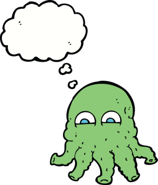 Bir insan tarafından çizilmiş düşünce baloncuklu uzaylı mürekkep balığı yüzü.