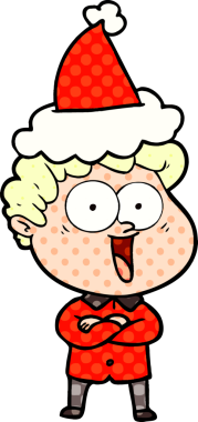 Bir insan tarafından çizilmiş Noel Baba şapkası giyen mutlu bir adamın el çizimi çizgi roman tasviri.