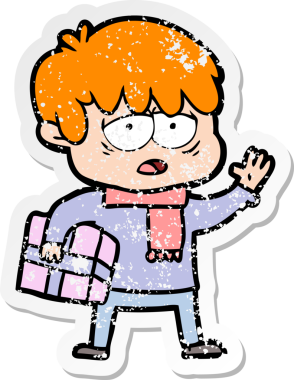 Bir insan tarafından çizilmiş bitkin bir çizgi film karakterinin sıkıntılı çıkartması.