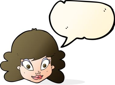 Bir insan tarafından çizilmiş konuşma balonlu mutlu kadın yüzü.