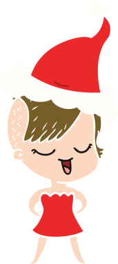 Mutlu el çizimi düz renk çizimi. Kokteyl elbisesi giymiş bir kız. Noel Baba şapkası giymiş.