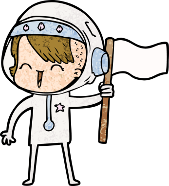 Mutlu uzay kızı bir insan tarafından çizilmiş bayrak taşıyor.