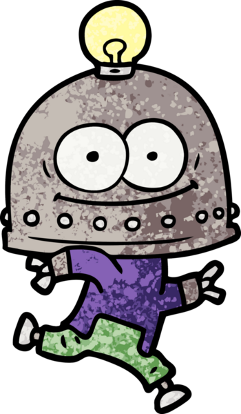 Bir insan tarafından çizilmiş ampullü mutlu karton robot.