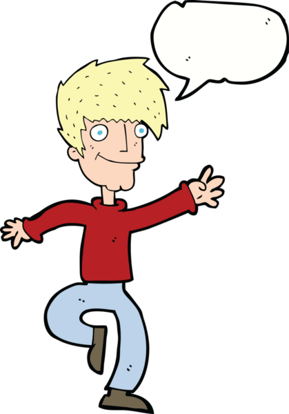 Bir insan tarafından çizilmiş konuşma balonuyla dans eden mutlu adam çizgi filmi.