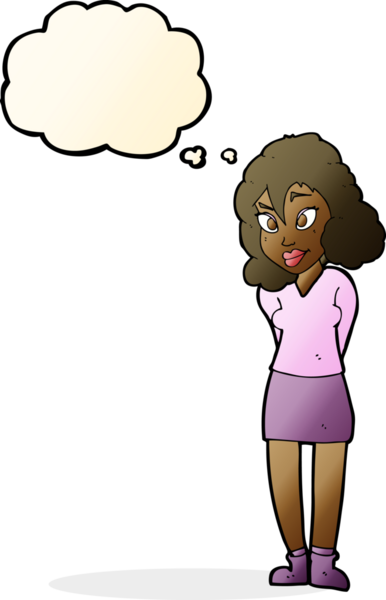 Bir insan tarafından çizilmiş düşünce baloncuğu olan kafası karışık bir kadın çizgi filmi.