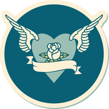 Geleneksel kalp tarzında bir dövme çıkartması. Kanatlarıyla bir insan tarafından çizilmiş bir gül ve bayrak.