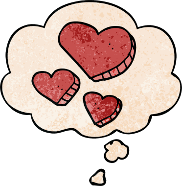 insan tarafindan çizilmis grunge dokuma tarzinda dusunce baloncugu olan karikatür ask kalpleri.