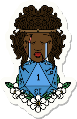 Bir insan tarafından çizilmiş doğal bir d20 rulo ile ağlayan bir insan barbarının çıkartması.