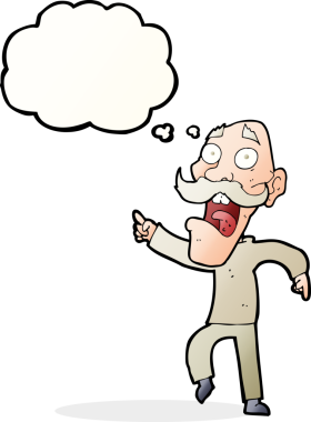 Çizgi film, bir insan tarafından çizilmiş düşünce balonuyla korkmuş yaşlı bir adam.