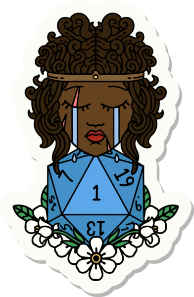 Bir insan tarafından çizilmiş doğal bir d20 rulo ile ağlayan bir insan barbarının çıkartması.