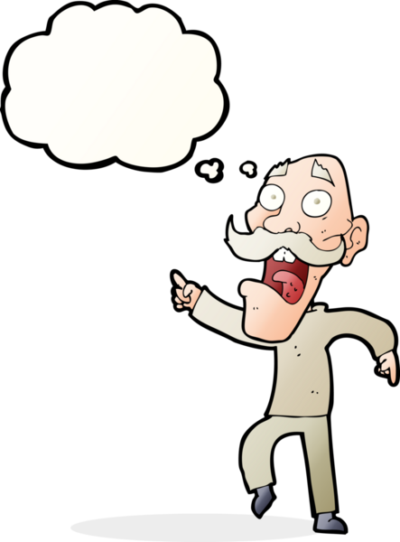 Çizgi film, bir insan tarafından çizilmiş düşünce balonuyla korkmuş yaşlı bir adam.