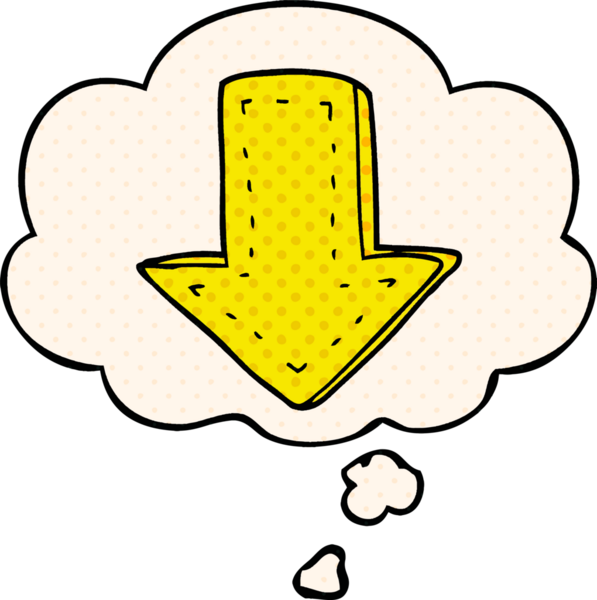 Bir insan tarafından çizilmiş çizgi roman tarzında düşünce baloncuklu ok gösteren çizgi film.