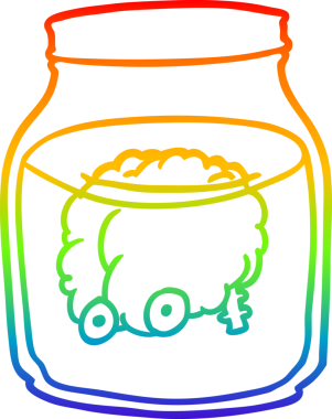 Gökkuşağı gradyan çizgisi bir insan tarafından çizilmiş kavanozda yüzen ürkütücü bir beynin çizimi