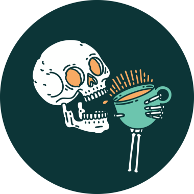 Bir insanın çizdiği kahveyi içen bir kafatası resmi.