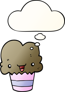 Yüzünde düşünce kabarcığı olan, bir insan tarafından çizilmiş karikatürlü kek.