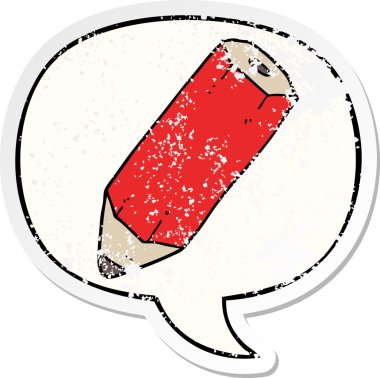 Konuşma baloncuğu olan çizgi film kalemi bir insan tarafından çizilmiş sıkıntılı eski bir çıkartma