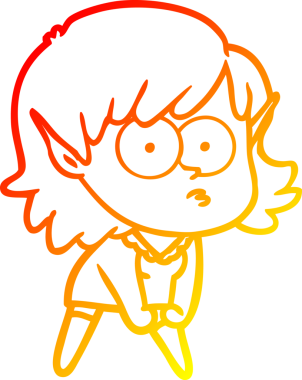 Bir insan tarafından çizilmiş, dik dik bakan ve çömelmiş bir elf kızı çizimi.