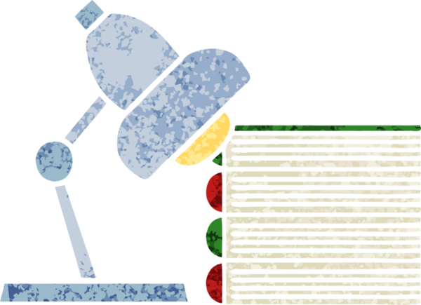 Bir insan tarafından çizilmiş ders kitabı ve lambanın retro çizim tarzı karikatürü