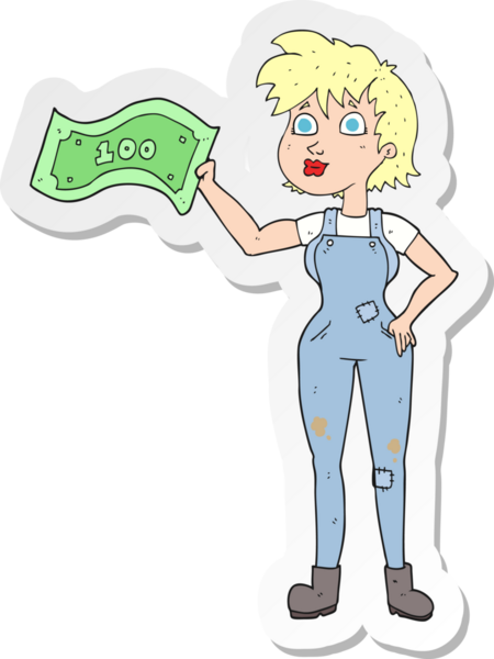 Bir insan tarafından çizilmiş parası olan kendine güvenen bir çiftçi kadının çıkartması.