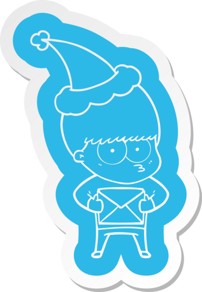 Bir insan tarafından çizilmiş Noel Baba şapkası takan bir çocuğun garip çizgi film çıkartması.