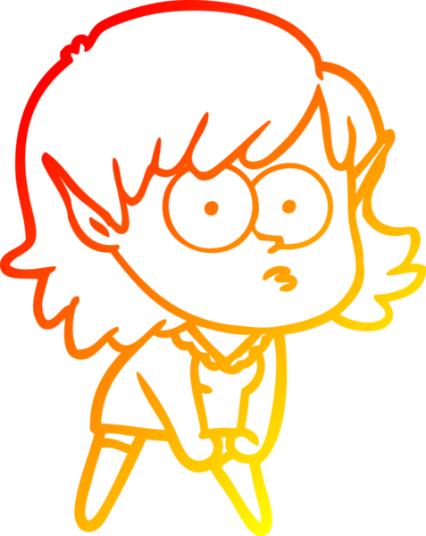 Bir insan tarafından çizilmiş, dik dik bakan ve çömelmiş bir elf kızı çizimi.