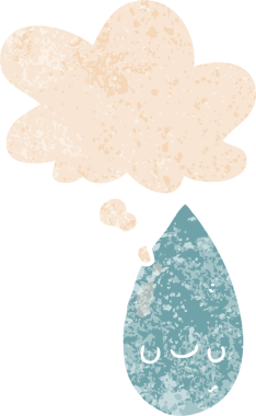 Düşünce baloncuğu ve grunge ile tatlı yağmur damlası bir insan tarafından çizilmiş sıkıntılı retro dokuma tarzı