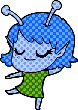 Bir insan tarafından çizilmiş gülümseyen uzaylı kız çizgi filmi.