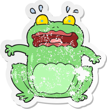 Bir insan tarafından çizilmiş komik, korkmuş bir kurbağanın gerilemiş çıkartması.