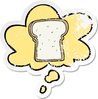 Düşünce baloncuklu bir ekmek dilimi insan tarafından çizilmiş yıpranmış bir çıkartma gibi.