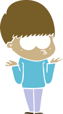 Kafası karışık düz renkli çizgi film karakteri bir insan tarafından çizilmiş omuzlarını silkiyor.