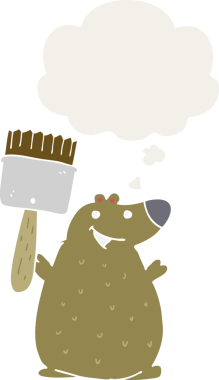 Düşünce baloncuklu boya fırçalı çizgi film ayısı insan tarafından çizilmiş.