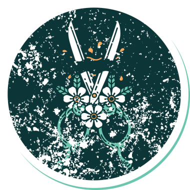 Bir insan tarafından çizilmiş berber makasının ve çiçeklerin sembolik dövmesi.