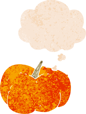 Düşünce baloncuklu çizgi film balkabağı grunge sıkıntılı retro dokuma tarzı bir insan tarafından çizilmiş