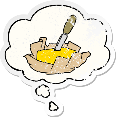 Düşünce baloncuklu çizgi film tereyağı bir insan tarafından çizilmiş yıpranmış bir çıkartma.